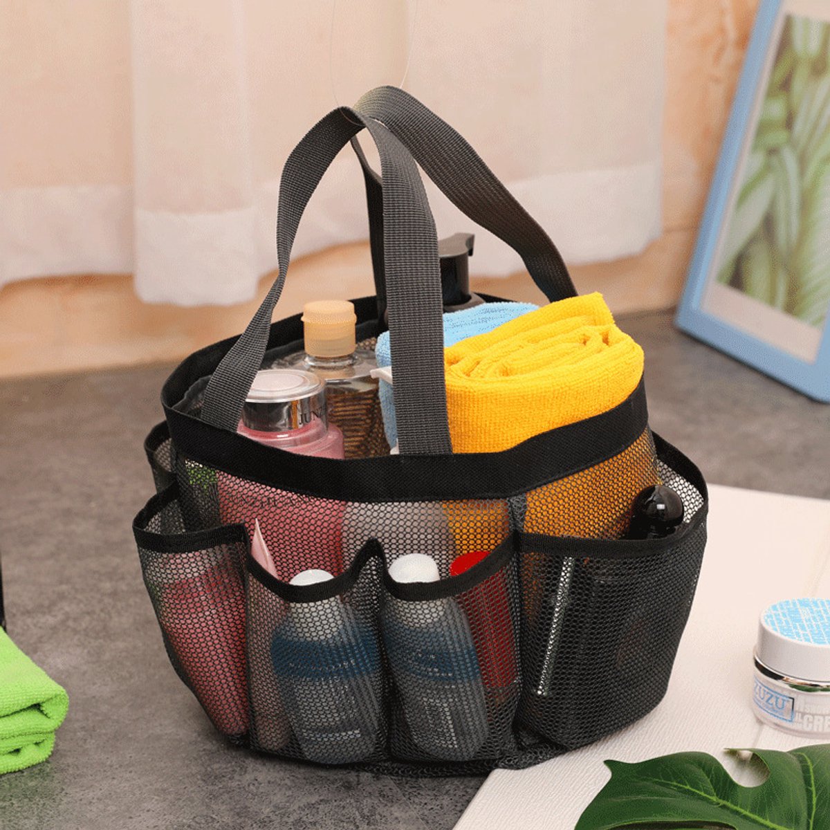 Mesh Douche- en Toilettas met 8 Vakken - Ophangbaar - Draagbaar - Sneldroog - Voor Studentenkamer, Gym en Kamperen - Zwart