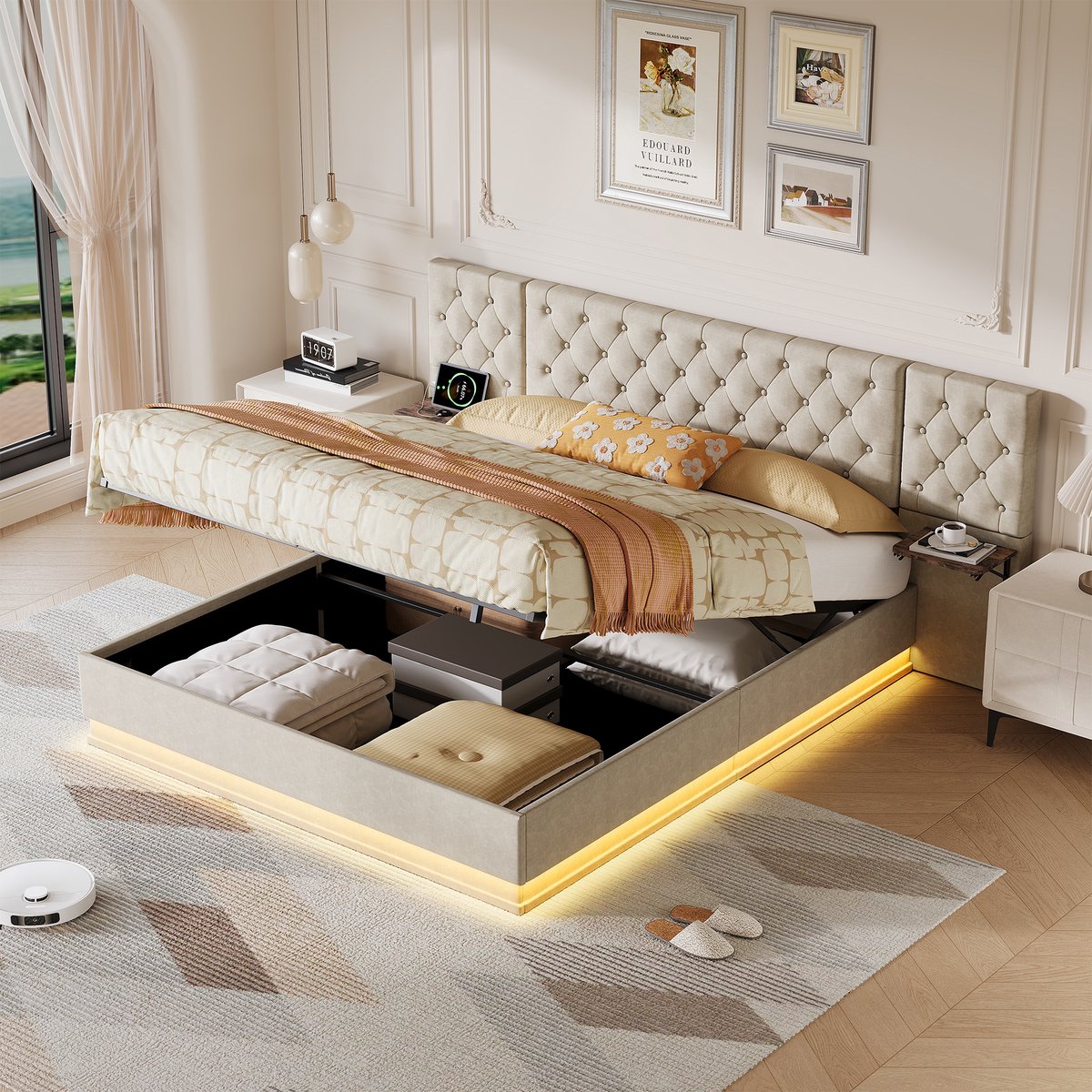 Opbergbed 160x200 cm met ledverlichting en USB-poorten, Tweepersoonsbed met hydraulische lift, Gestoffeerd met 2 houten planken, Linnen Beige