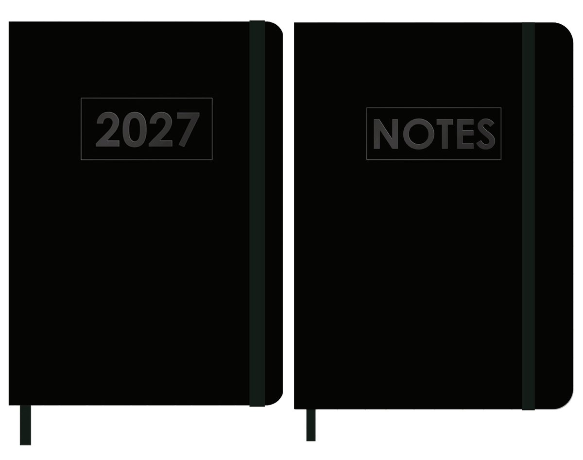 MGPcards - A5 Agenda 2027 - Weekoverzicht 1w/2p - Zwart + Zwart elastiek - 14,8 x 21 cm + Notitieboekje/opschrijfboekje - gelinieerd - 80 pagina's - A5 - Zwart