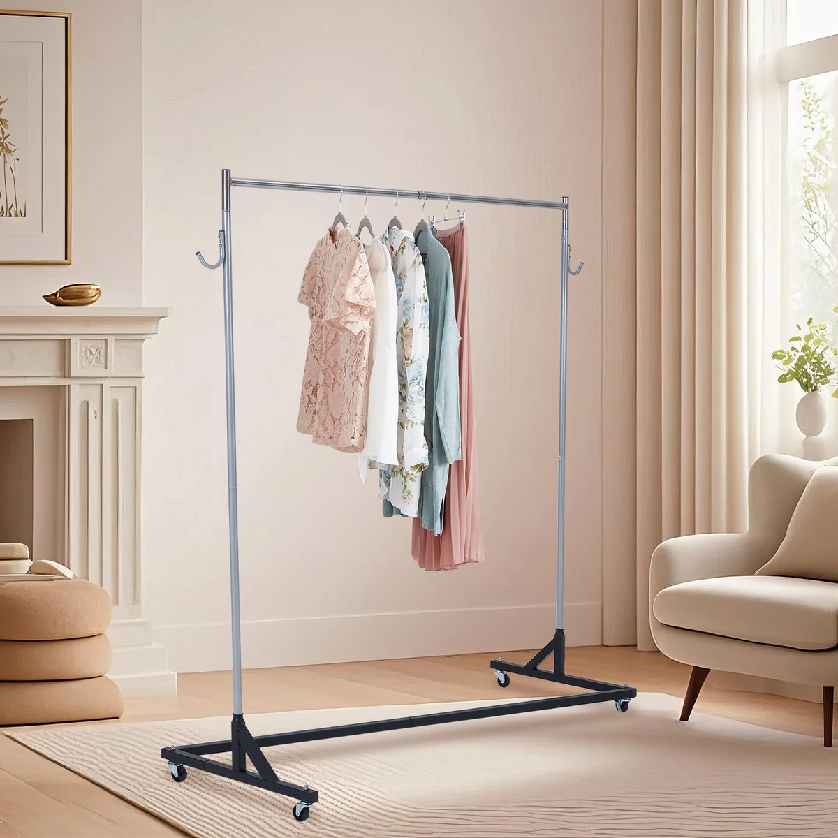 Kledingrek Met Zijhaken - 165x61x180cm - Z-Vormig - Metalen Kledingstandaard - Stofkap - Ruimtebesparend - Halrek Met Remwielen - Voor Woonkamer En Winkel - Zwart