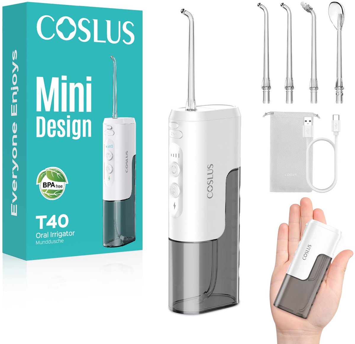 Waterflosser Compact – 4 Standen – 4 Opzetstukken – IPX7 Waterdicht – USB-C – Tot 30 Dagen Accu – Wit