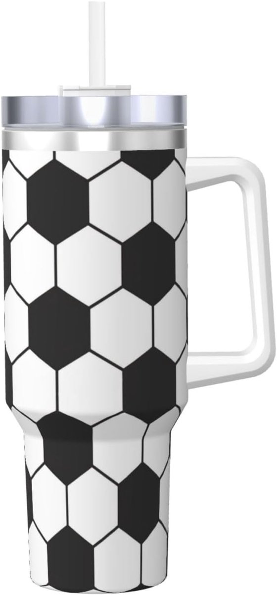 Casalora Thermosbeker 1200ML – RVS Drinkbeker met Handvat en Rietje – Lekvrije Geïsoleerde Travel Mug – Zwart-Wit Voetbal Design