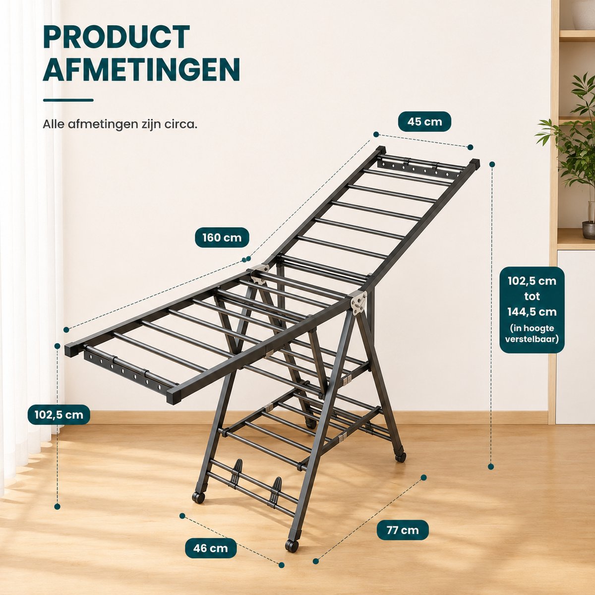 DPLUNIQ Kledingrek - Wasrek - Droogrek - Droogtoren - 3 Lagen - Opvouwbaar - Met Wielen - 160x46x102,5cm - IJzer - Zwart