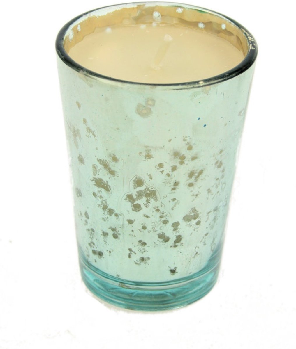 Glas met kaars lichtblauw Ø6xH9cm