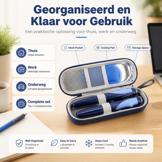 Insuline Koeltasje met Temperatuurweergave - Gekoelde Reisdoos met 2 Koelelementen - EVA Harde Schaal - Isolerende Insuline Etui - Voor Insulinepennen, Reizen en Kamperen - Donkerblauw — afbeelding 3