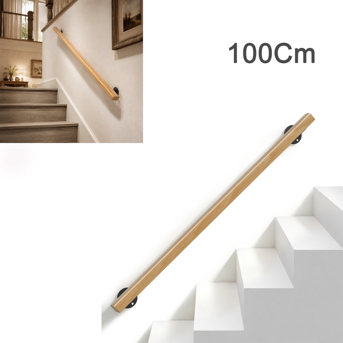 Beukenhouten Trapleuning 100 Cm – Massief Hout 60 x 40 mm – Platte Wandhandgreep met Stalen Beugels – Wandmontage voor Trap en Gang