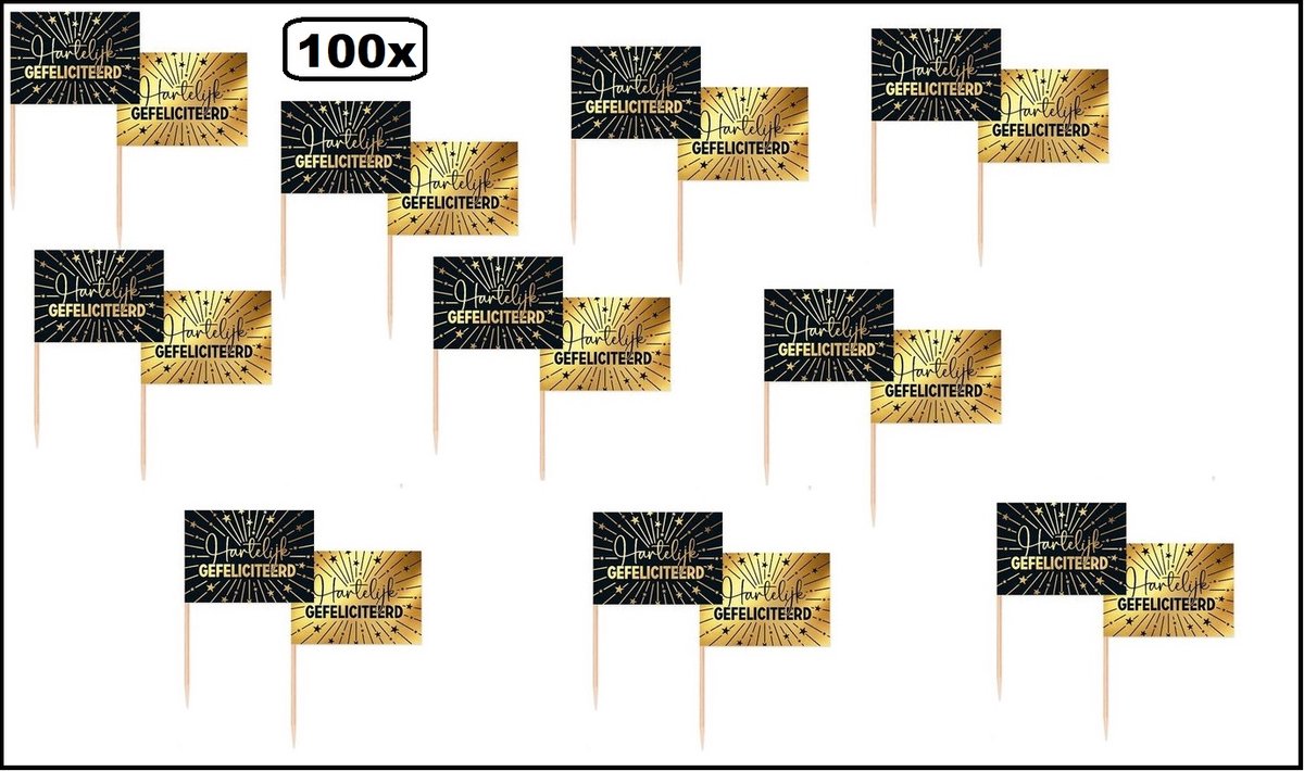 100x Luxe cocktail prikkers Hartelijk Gefeliciteerd goud/zwart- vlag prikkers cocktailprikker festival thema feest verjaardag