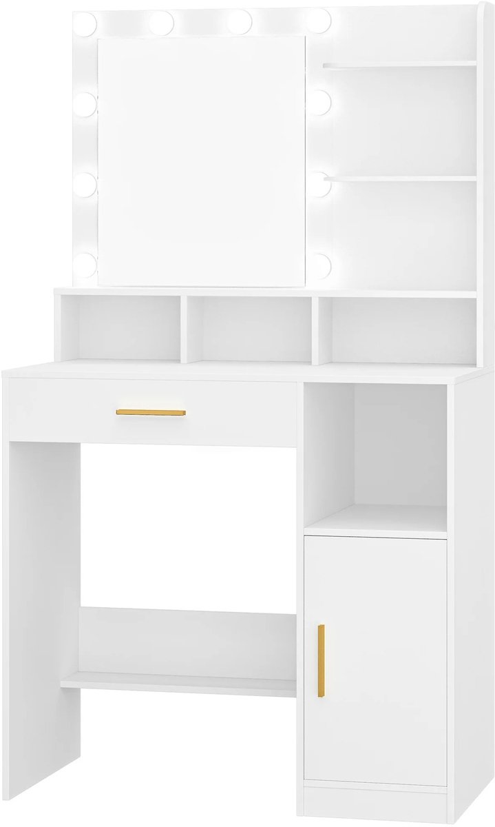 UrbanSelect kaptafel - Make-Uptafel - Met Spiegel & Verlichting - Stevige Constructie - Ruim & Praktisch - 80 x 40 x 140 cm