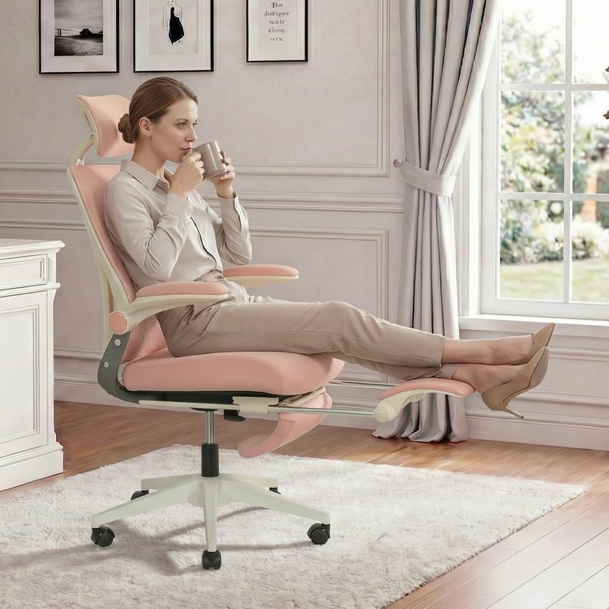 MIVRAY Bureaustoel 129 Cm - Ergonomisch Met 3D Hoofdsteun En Lendensteun - Voor Werk Studie En Gaming - Mesh - Pink