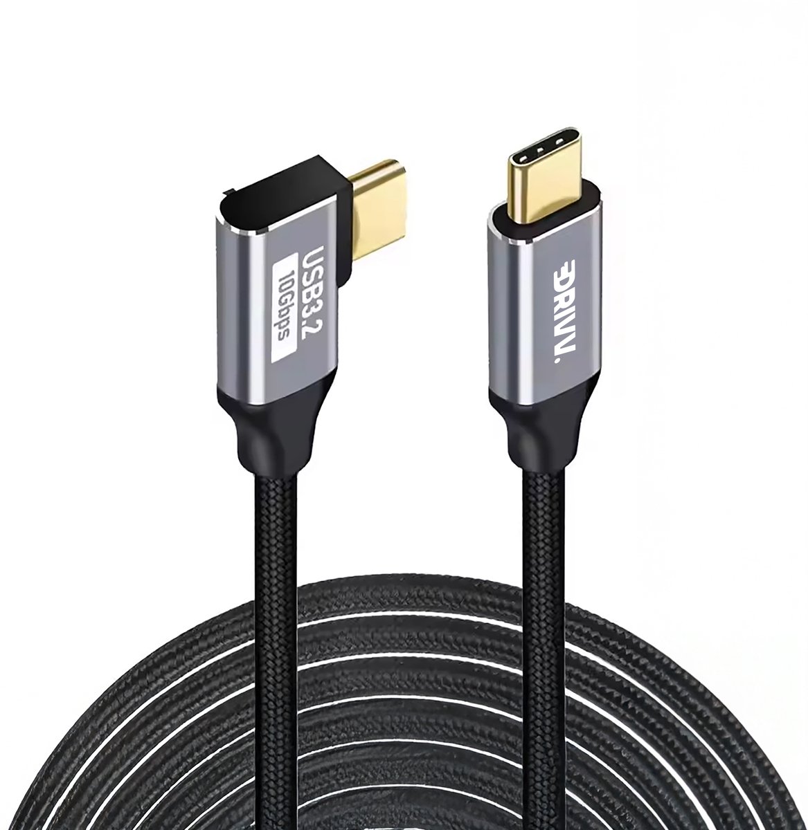 Drivv. USB C naar USB C Kabel 3.2 - Haakse Aansluiting - 100W Snellader - 4K 60Hz - 20Gbps - 3 Meter - Nylon - Grijs