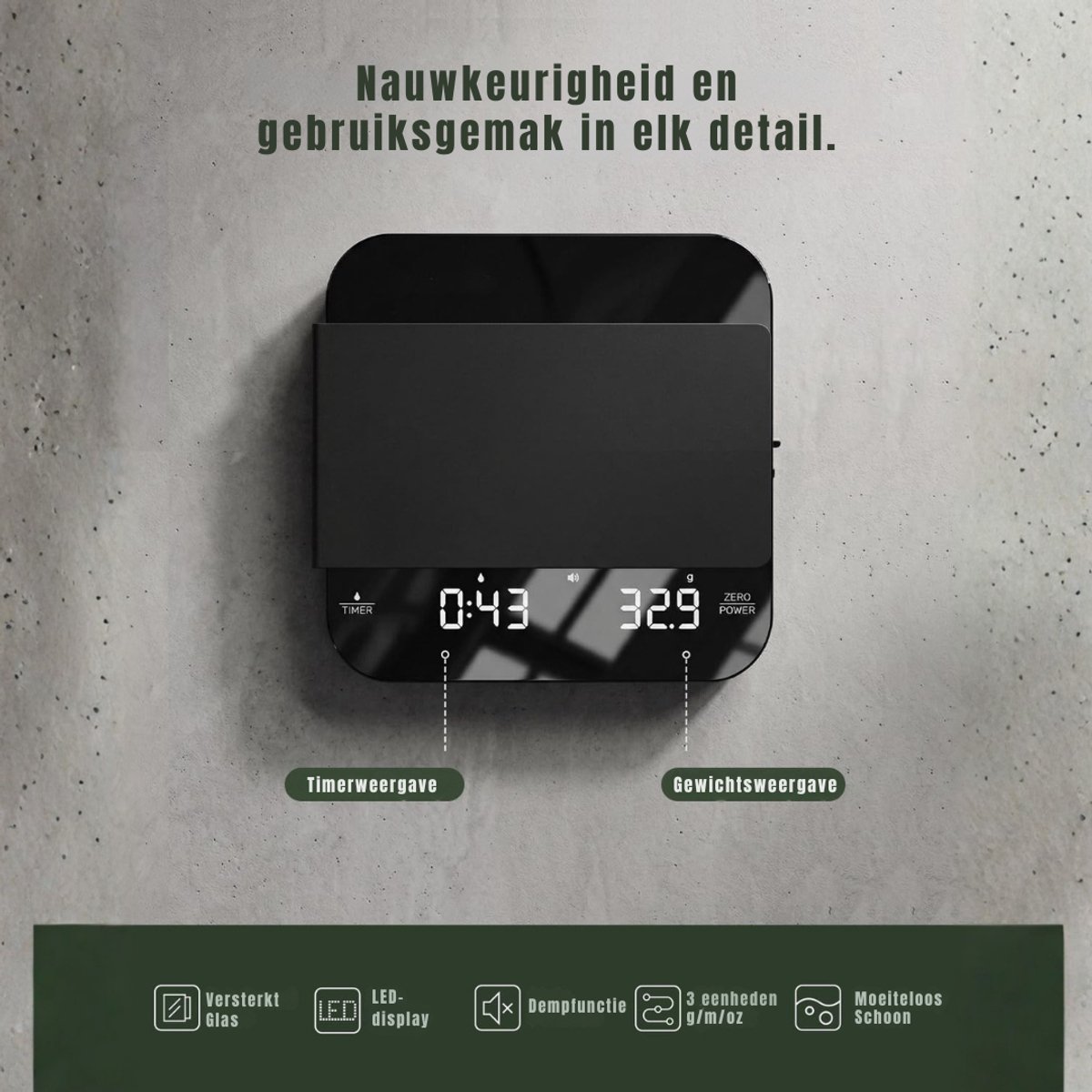 KIRA® Precisie Weegschaal - Nauwkeurige Keuken Weegschaal - Digitale Koffie Weegschaal met Timer - Zwart en Zilver - 11cm x 11cm x 2cm