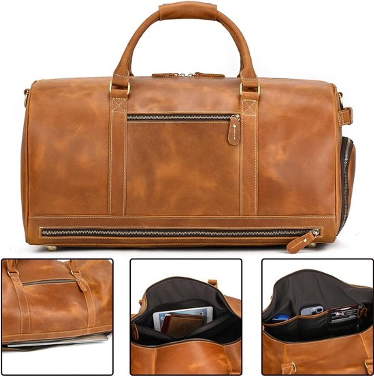 Leren Weekendtas voor Mannen, Vintage Reisbagage voor Handbagage, Echt Koeienhuid, Retro Sporttas voor Reizen en Weekenduitstapjes
