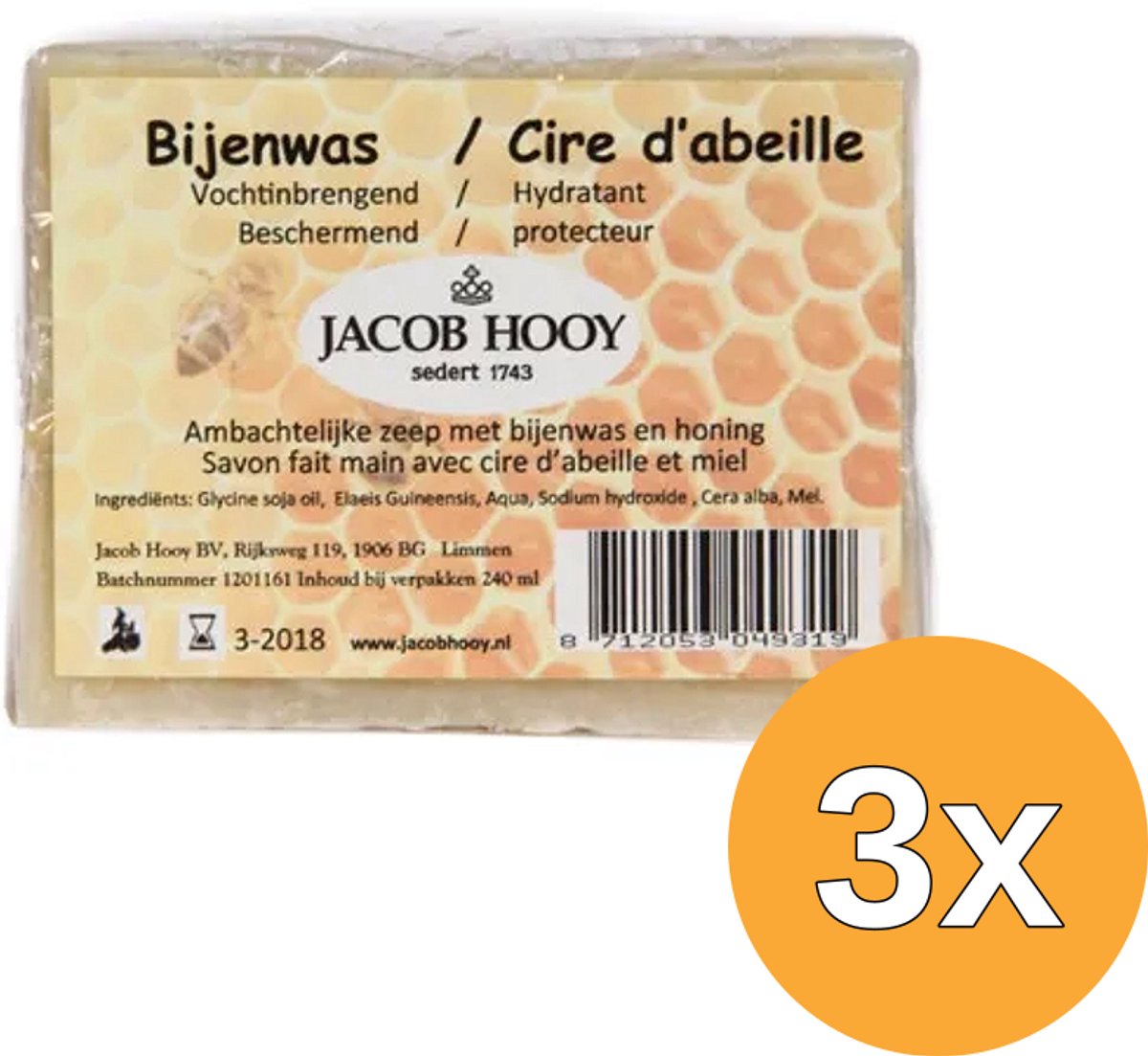 3x Jacob Hooy Bijenwas Zeep Niet Vloeibaar (240 ml)