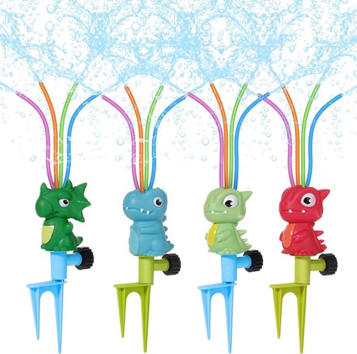 Watersproeier voor kinderen met dinosaurusontwerp, buitenspeelgoed met 4 wiebelbuizen en slangklem, spray tot 8 voet, zomerwaterspeelgoed voor tuin en gazon, set van 4 stuks