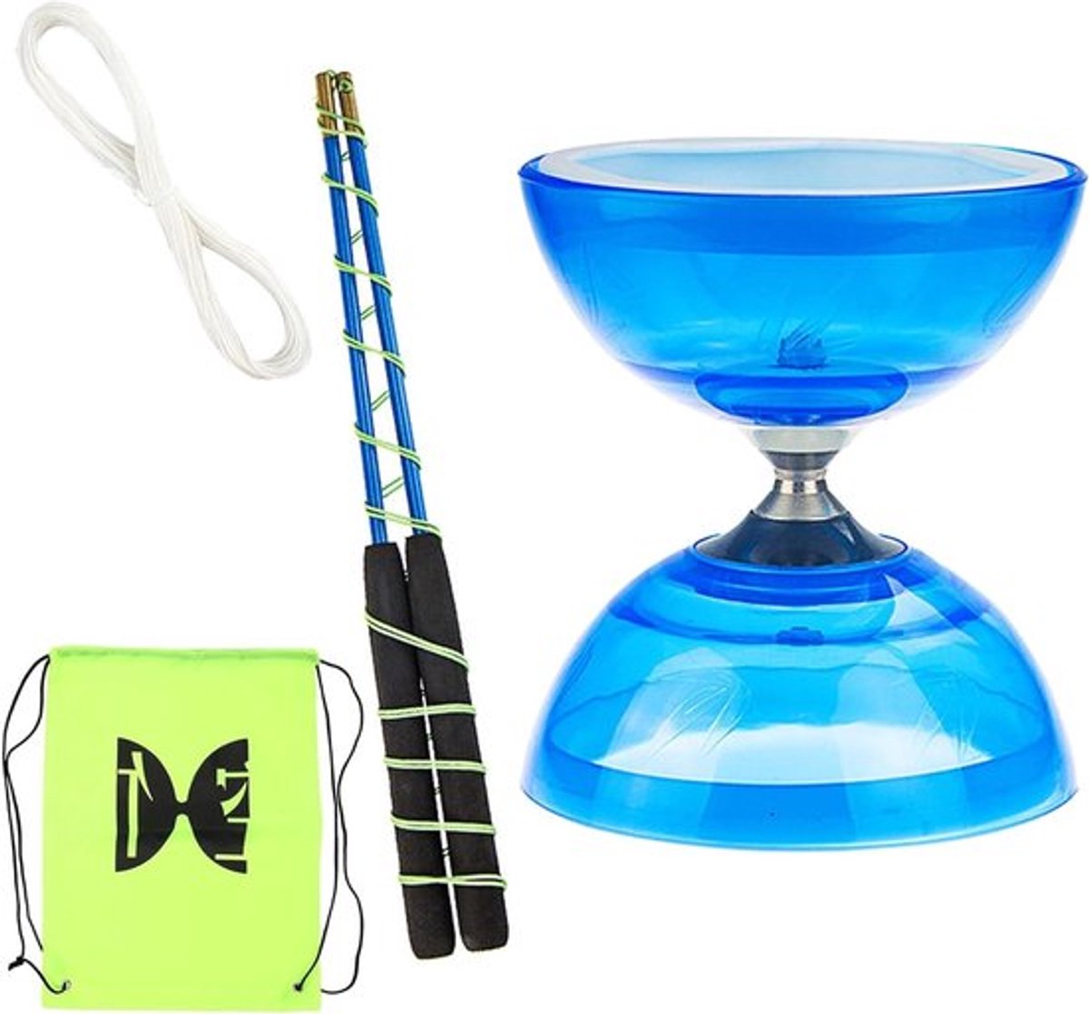 Professionele Diabolo Set met 3 Opslagruimtes, 4 Kleuren, Vervangingskabel van 10 m en Stok met Netzak voor Optimaal Speelplezier