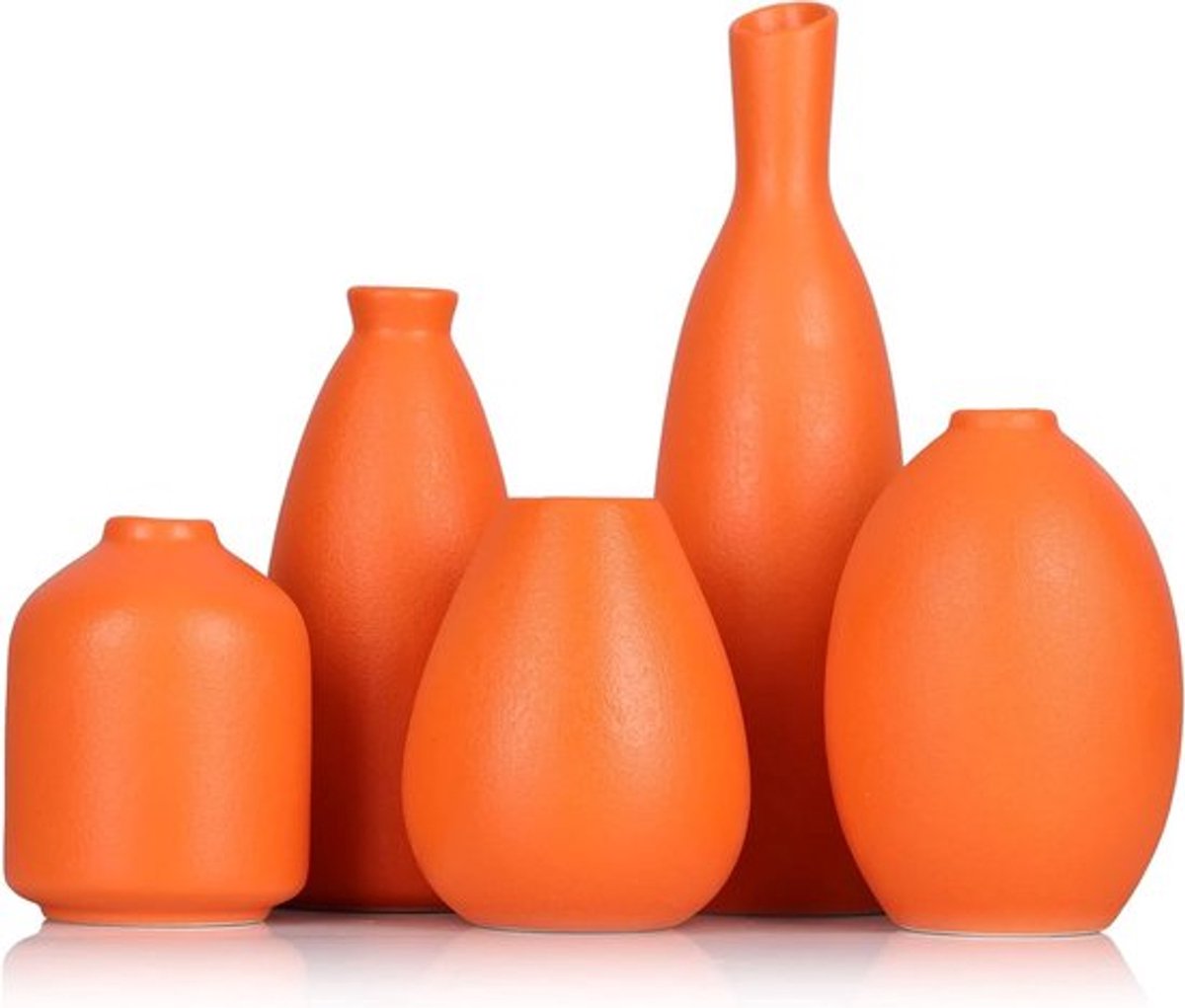 Set van 5 Oranje Keramische Bud Vazen voor Boerderij Decor, Haard Decor, en Interieurdecoratie voor Woonkamer, Badkamer en Keuken