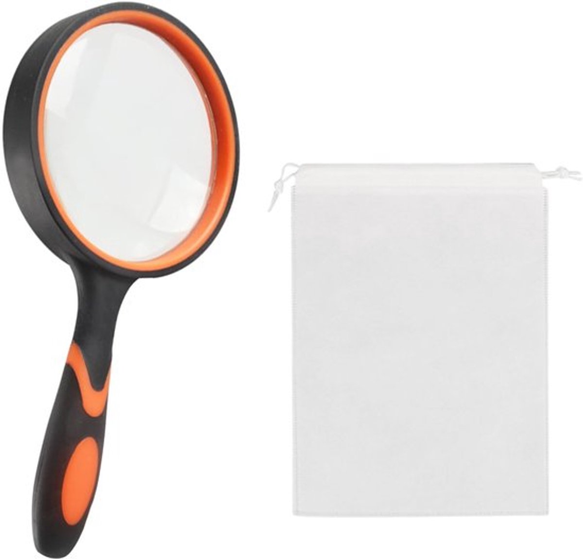 Handloep 10-voudige vergroting - Vergrootglas 75 mm - Vlieszak met trekkoord - Geschikt voor lezen - Cadeau voor ouderen - Oranje kunststof met rubber