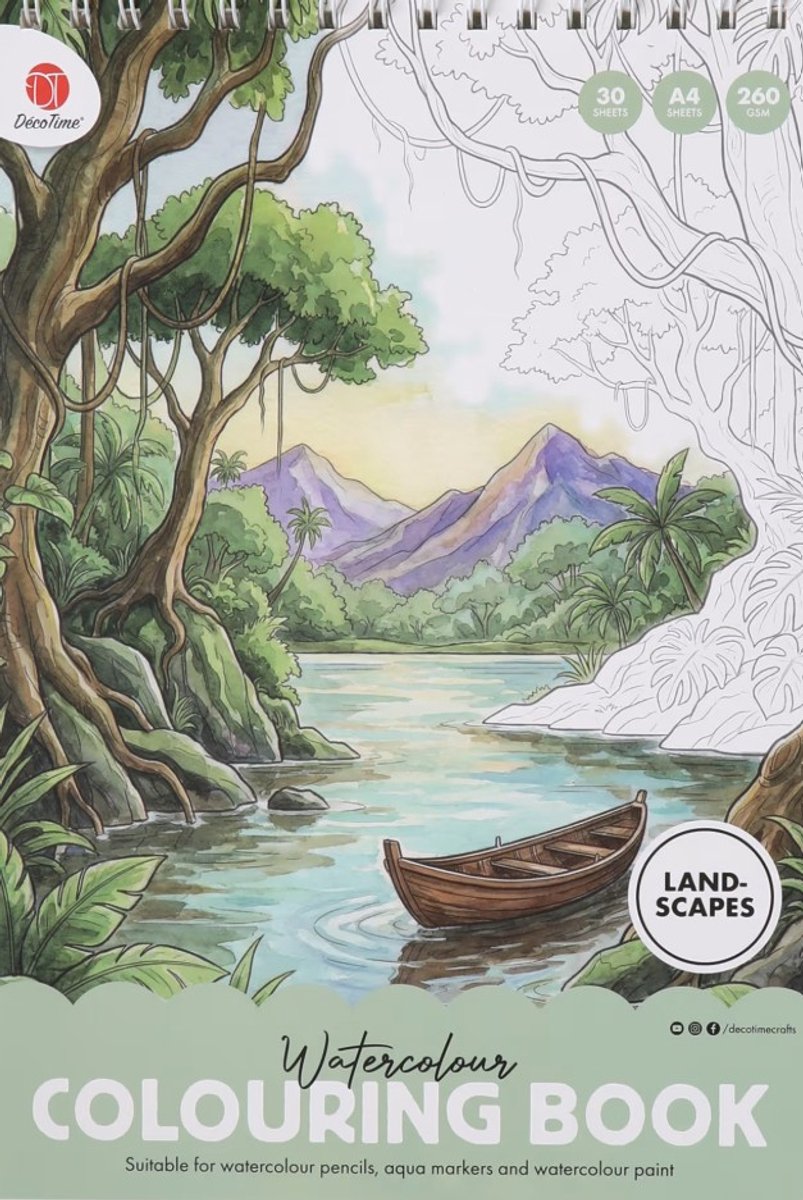 Decotime Aquarel Kleurboek Landschappen – A4 - Kleurboek voor Volwassenen – 260 GSM Dik Papier - Aquarelverf & Waterverf - Kleurboek voor volwassen