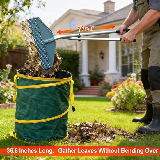 Bladgrijper met Lange Steel 93 cm - Bladschep & Bladhark - 43,2 cm Brede Grijper - Tuinafval Grijper voor Bladeren Gras & Takjes - RVS Steel - Groen — afbeelding 3