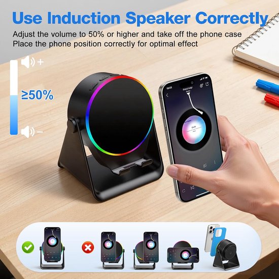Draadloze inductie Bluetooth luidspreker 5-in-1, 360° draaibare telefoonhouder en sfeerverlichting in diverse kleuren, geschikt voor iPhone, iPad, Android en tablets, perfect verjaardagscadeau voor mannen en vrouwen（zwart） — afbeelding 2