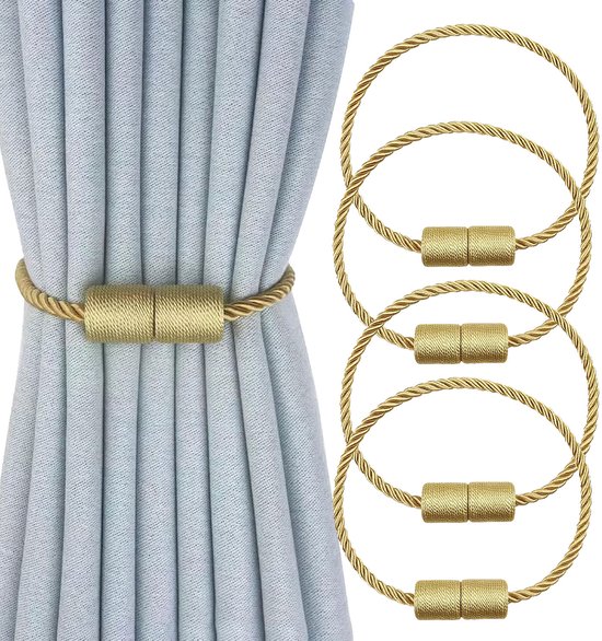 Attaches de rideaux dorées en corde torsadée avec fermoirs magnétiques cylindriques, lot de quatre.