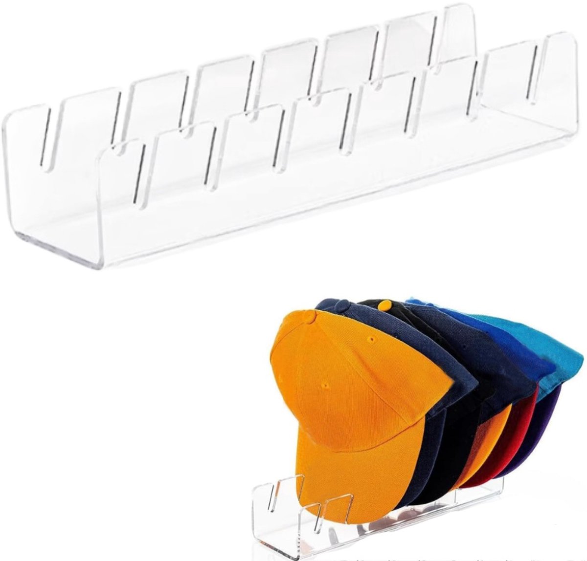 1 stuk - Rek voor baseballpetten - Opbergrek voor petten - Displayrek voor baseballpetten - Hoedenstandaard - Biedt gemakkelijk plaats aan 7 baseballpetten - Geschikt voor baseballpetten en platte petten - Transparant - 29 × 7,6 × 6 cm