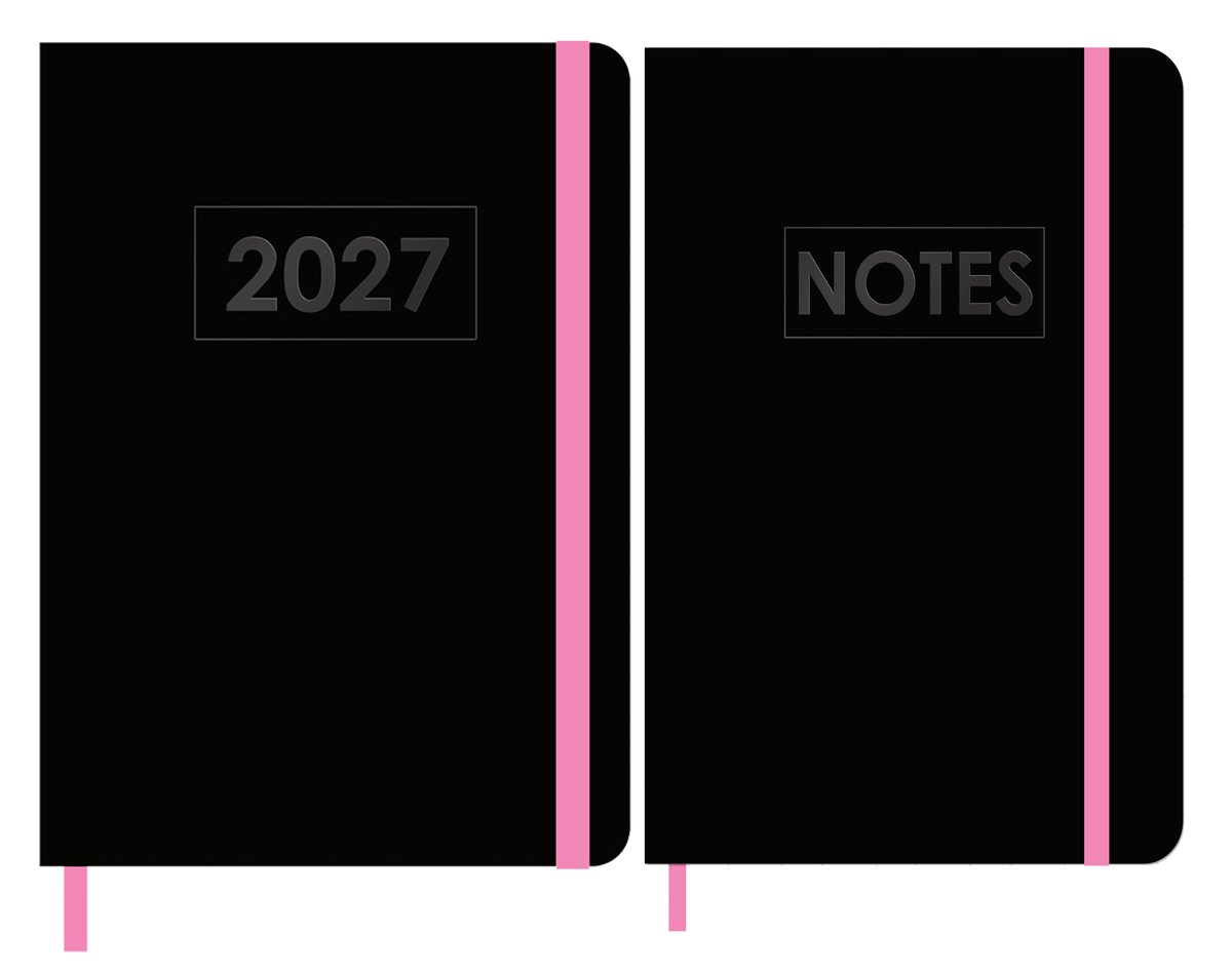 MGPcards - A5 Agenda 2027 - Weekoverzicht 1w/2p - Zwart + Roze elastiek - 14,8 x 21 cm + Notitieboekje/opschrijfboekje - gelinieerd - 80 pagina's - A5 - Zwart-Roze