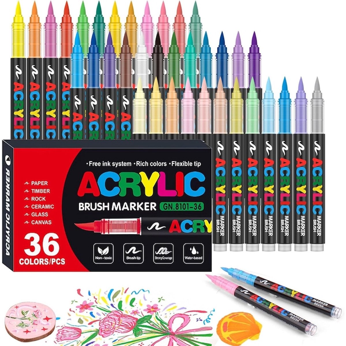 casalora—Permanente acrylverfmarkers – 36 kleuren – Flexibele punt van 1-5 mm – Waterdicht en sneldrogend – Rijke kleuren – Niet-giftig – Geschikt voor hout, papier, glas, keramiek, canvas en steen – Schilder- en doe-het-zelfset