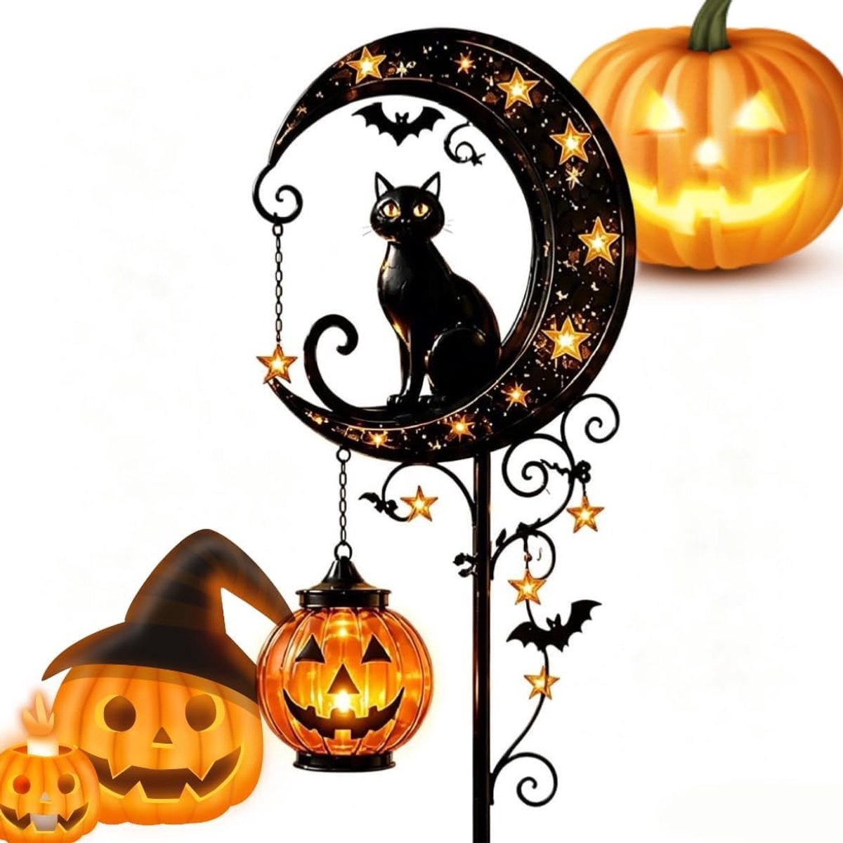 1 Op zonne-energie werkende Halloween tuinlamp - 80×18cm - Zwarte kat, pompoen en halve maan - Metaal - Verwijderbare voet - Buitenverlichting op zonne-energie - Geschikt voor tuinen, terrassen, gazons of paden