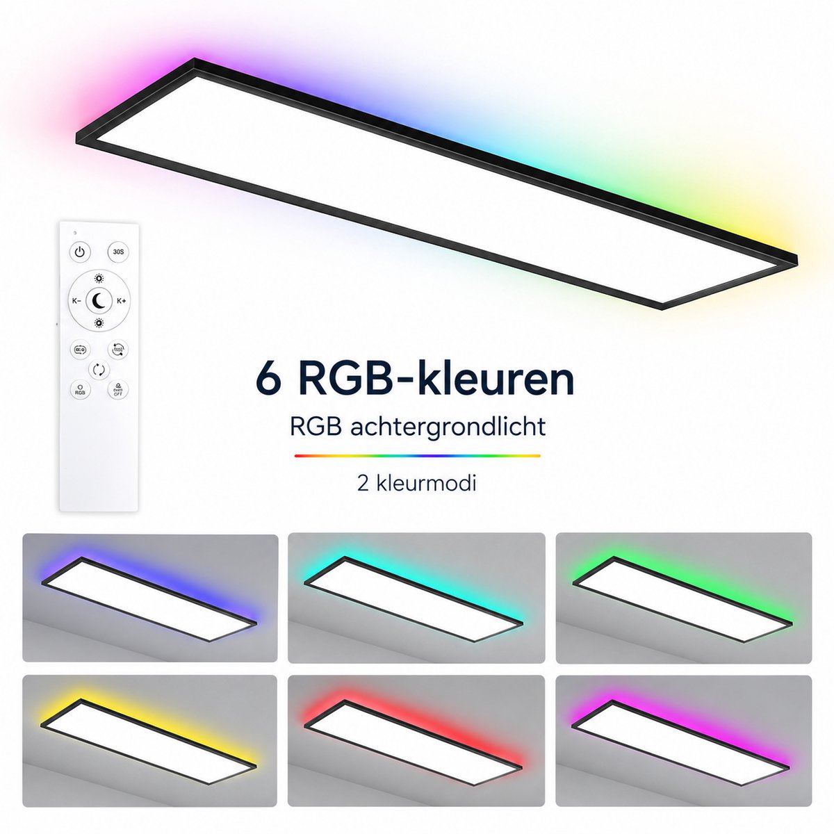 Oraymin LED Plafondlamp 120x30 cm – Zwart – RGB Achtergrondlicht – Dimbaar met Afstandsbediening – 40W 4400LM