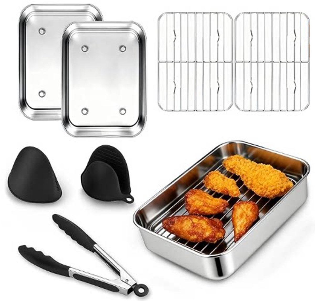 6-delige Airfryer Accessoireset van Roestvrij Staal, 2 Ovenschalen, 2 Grillroosters, Tang en Siliconen Hoesjes, Heteluchtfriteuse Accessoires