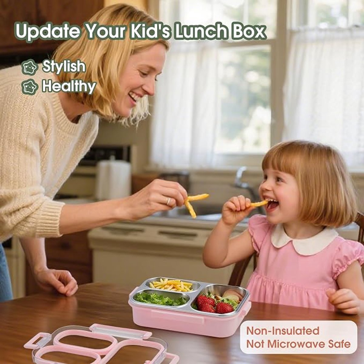 Lunchbox - 1 Stuk - Verdeeld Bord - Roestvrij Staal - 1000 Ml - Bentobox - Geïsoleerd En Draagbaar - Metalen Lunchbox Met Vakjes - Dubbele Metalen Lunchbox Met 3 Vakken - Geschikt Voor Werk, Reizen, School, Picknicks - Roze — cadeau in Koken & Dineren - foto 3