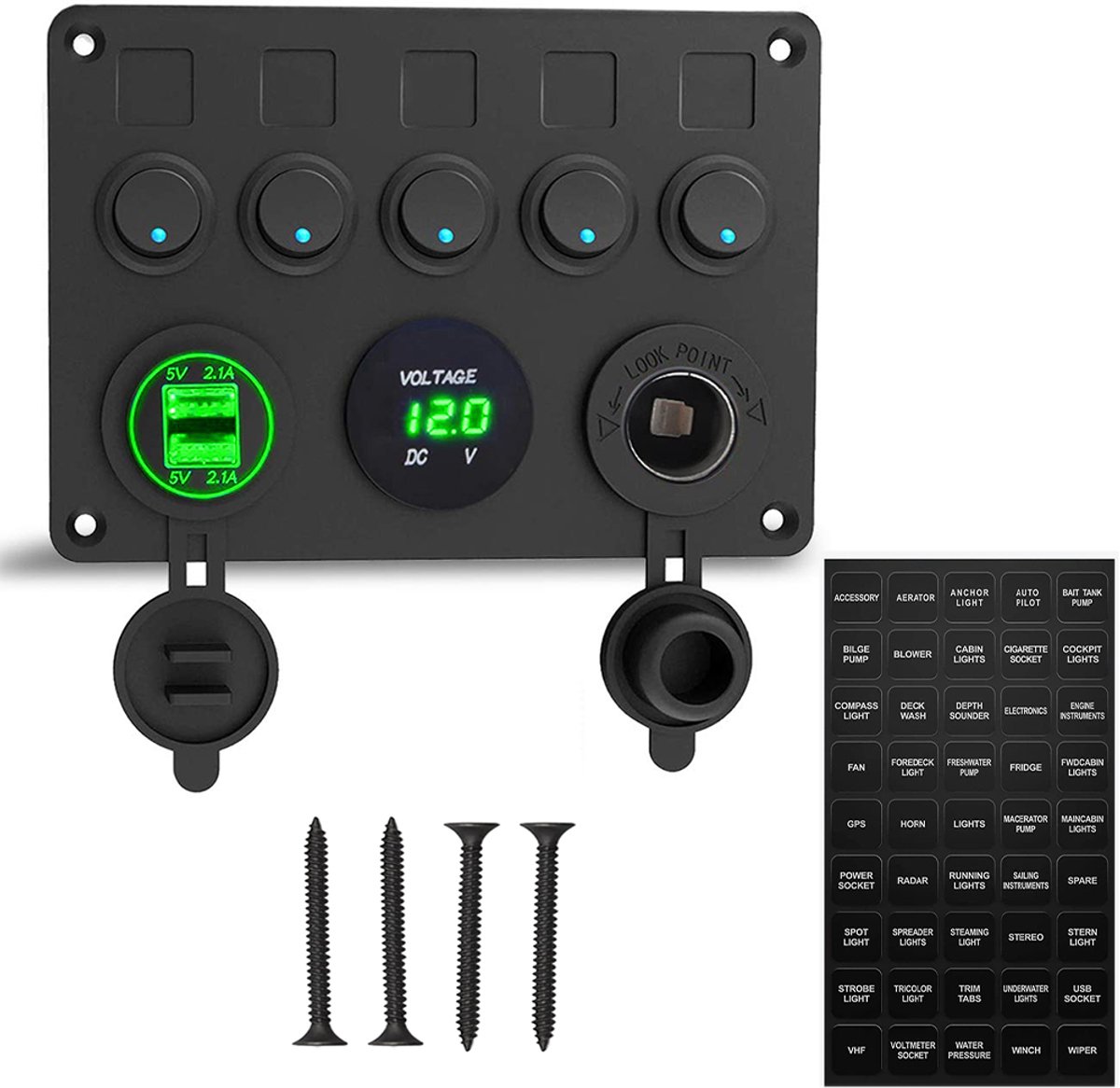 Professioneel vijfweg schakelpaneel - 12V/24V - Spanningsweergave - Dubbele USB-oplader (4,2A) - Hoge vermogensconversie - Waterdicht ontwerp - Geschikt voor boten, campers en motorhomes - Zwart