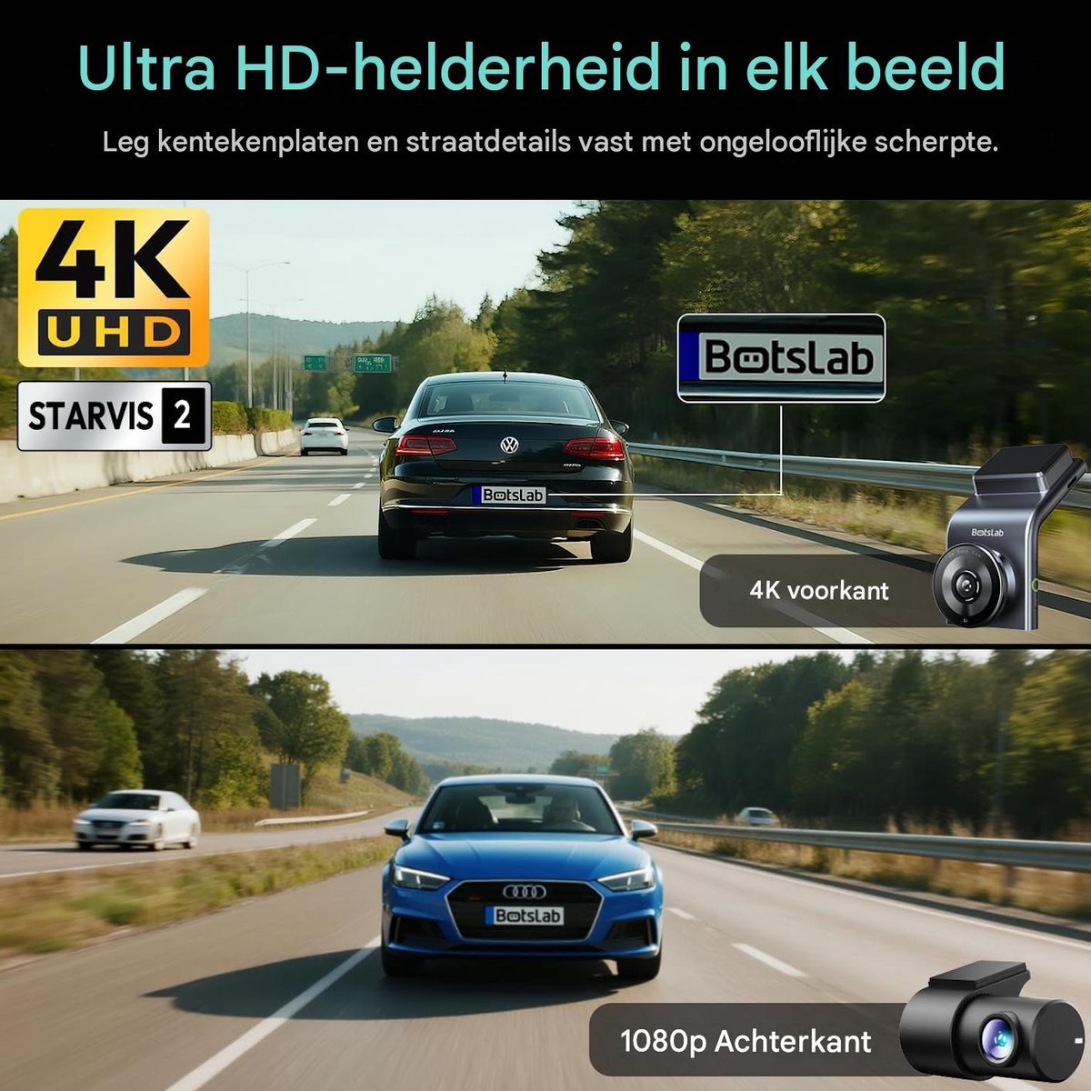 Botslab Dashcam - 4K resolutie + FullHD achtercamera - Night vision met Sony Starvis 2 sensor - App bediening met Wifi - GPS ingebouwd - 2,0 inch LCD - Dubbele dashcam met -Spraakbediening-24/7 parkeerbewaking- inclusief 64gb Micro SD kaart thumbnail 6