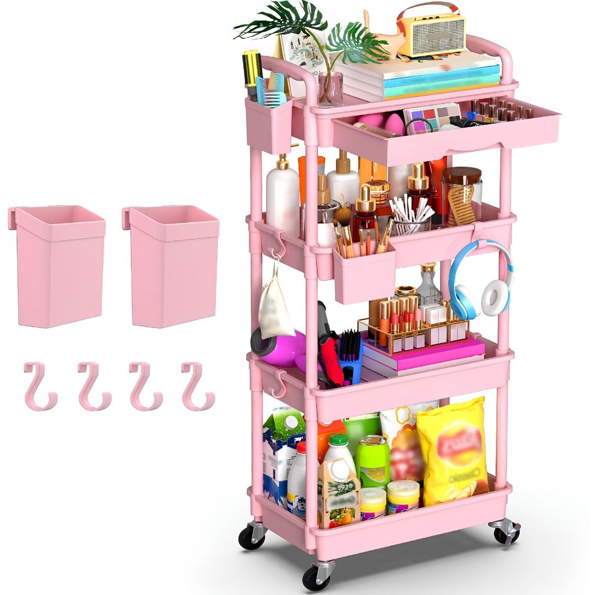 LNMsolutions® Keukentrolley - Keukentrolley Op Wieltjes - Badkamer Organizer - Roze - 37cm x 27cm x 105cm