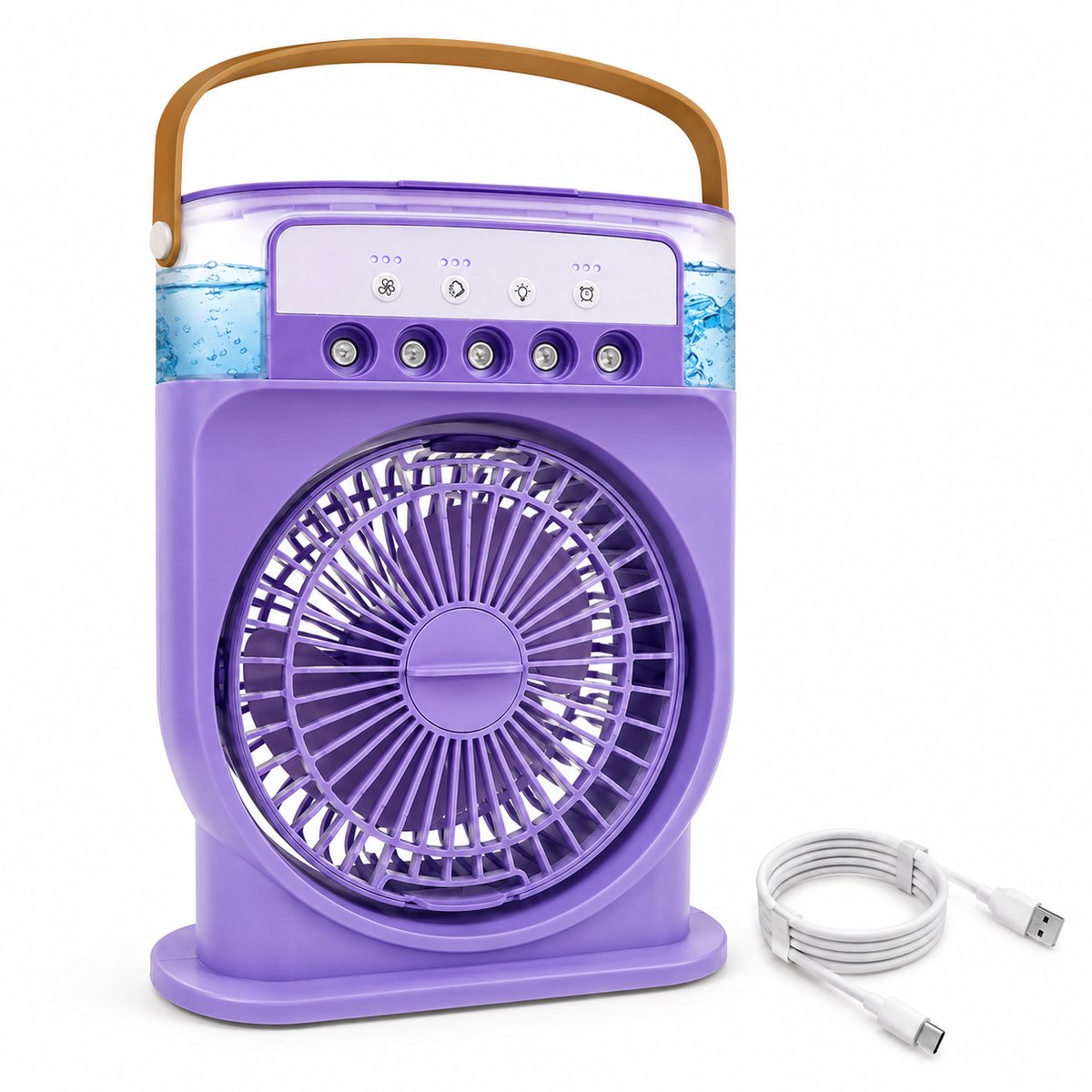 Draagbare Mini Aircooler 4-in-1 - Ventilator met Waterkoeling & Luchtbevochtiger - 600 ml - 3 Standen - USB-C Oplaadbaar - LED Nachtlamp - Paars
