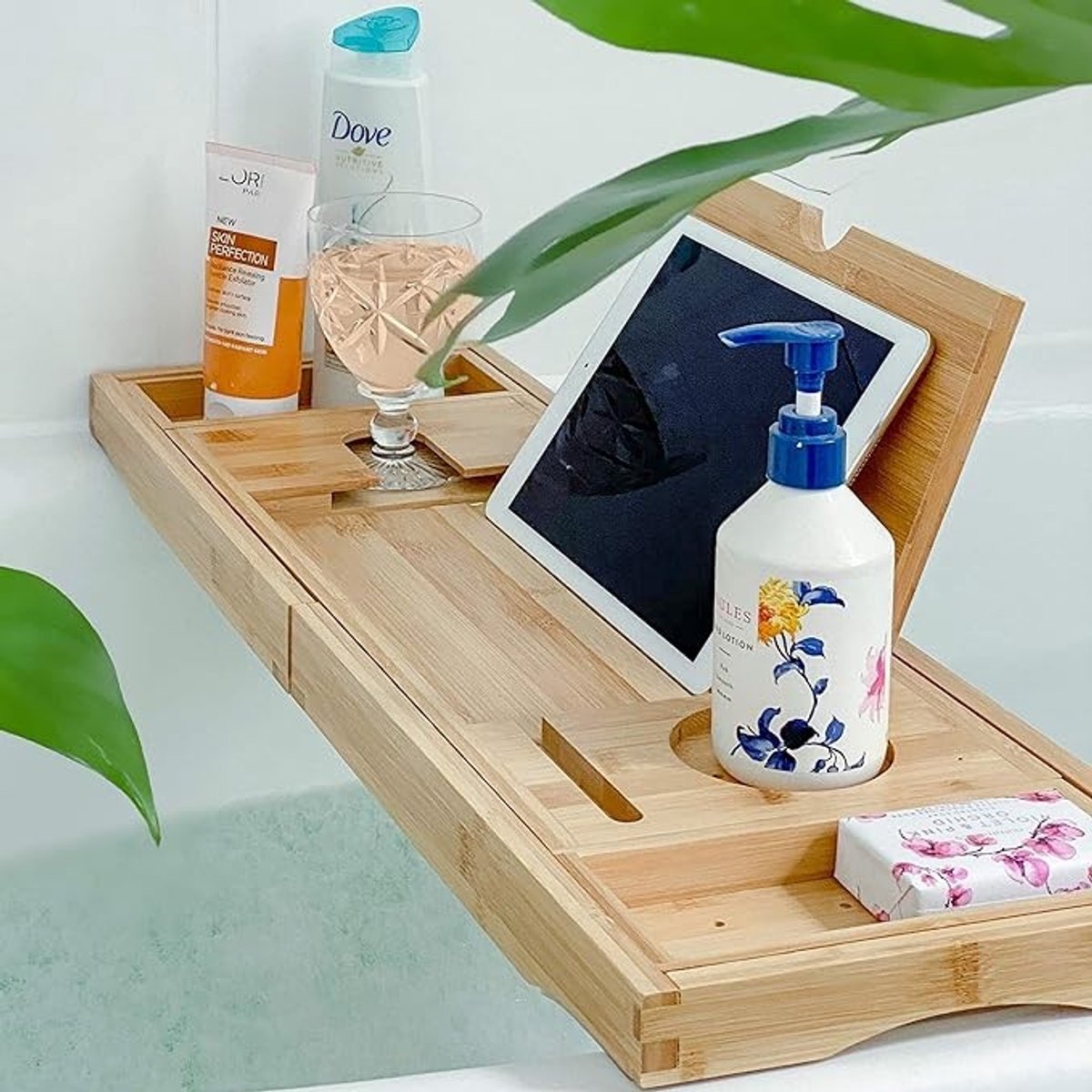Uitschuifbare badplank van bamboe voor boek, tablet en glas