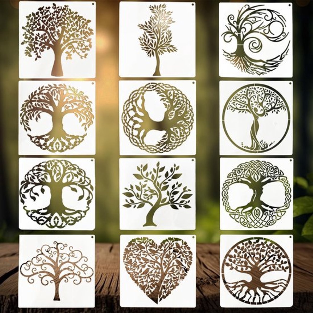 12 Stencils voor Creatieve Klussen - Herbruikbare Boom van het Leven Sjablonen voor Rond Schilderen, Natuurlijke Planten en DIY Scrapbook Decoratie