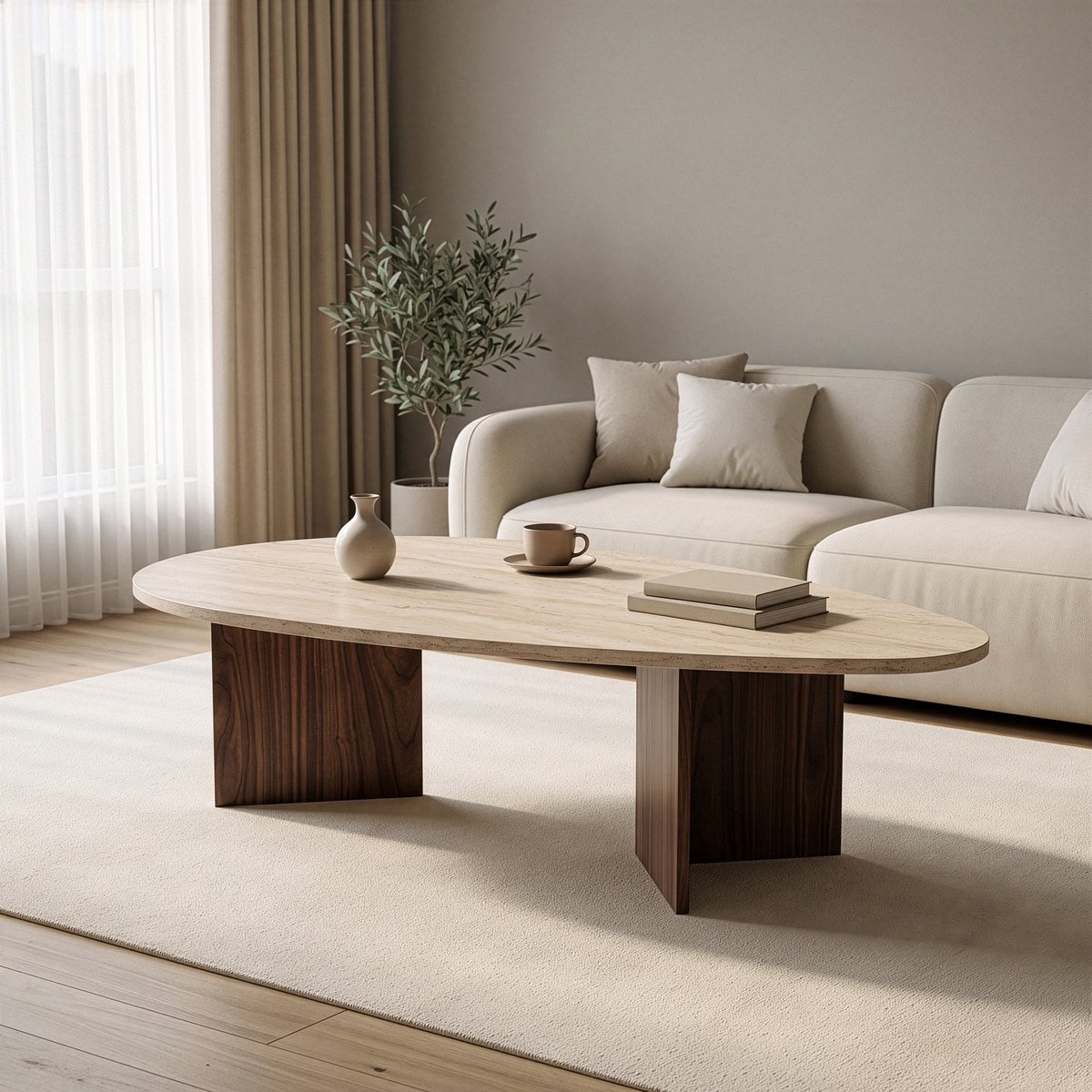 Asir - Salontafel - Travertijn en Milano walnoot - 139,5 x 79,5 x 42 cm