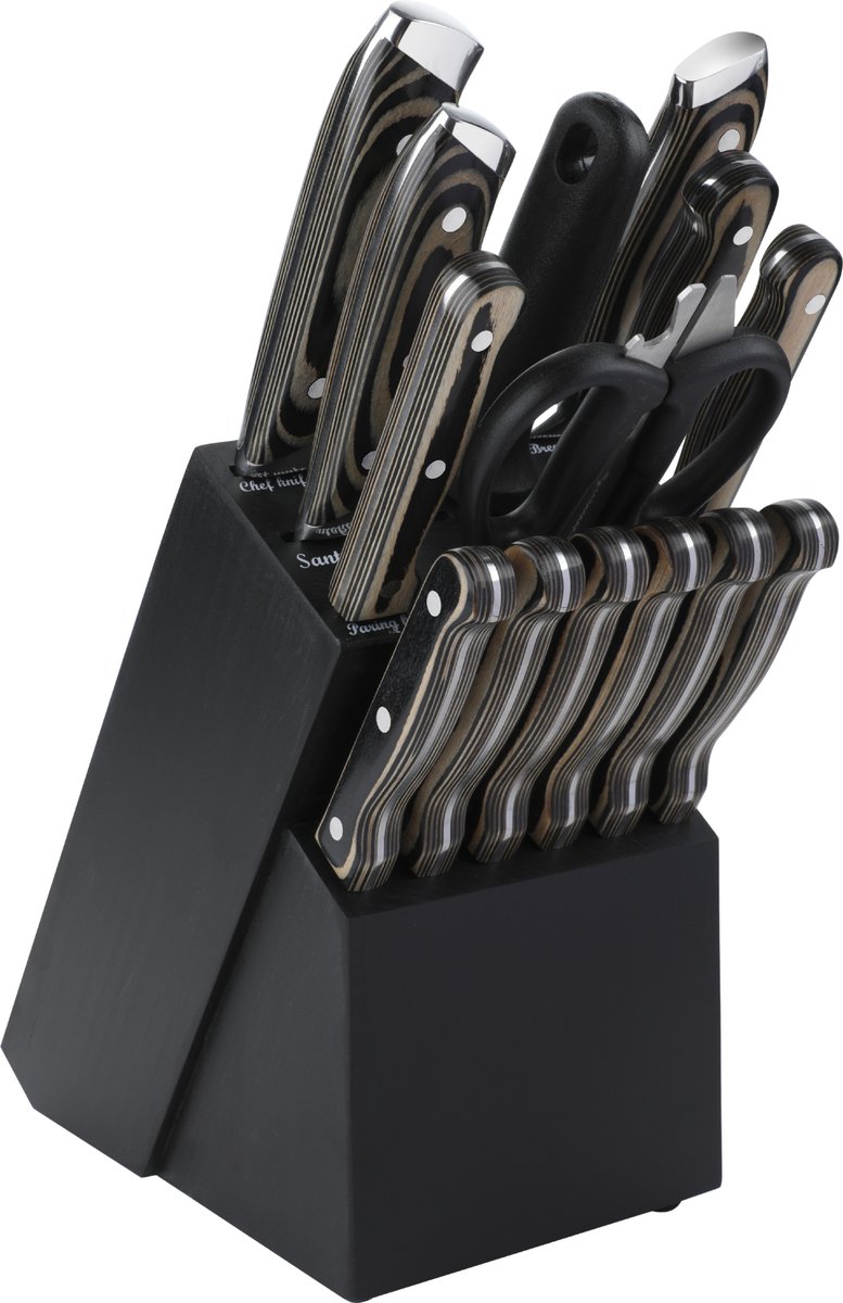 Royal Swiss® Messenset met Blok – 15-Delig – Keukenmessen Set RVS – Messenblok met 6 Steakmessen, Schaar & Messenslijper – Zwart