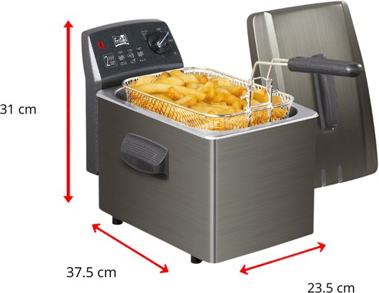 Fritel Turbo SF® 4368 friteuse (4L, 3200W) met antistofdeksel. Afmetingen: 31x37.5x23.5 cm.