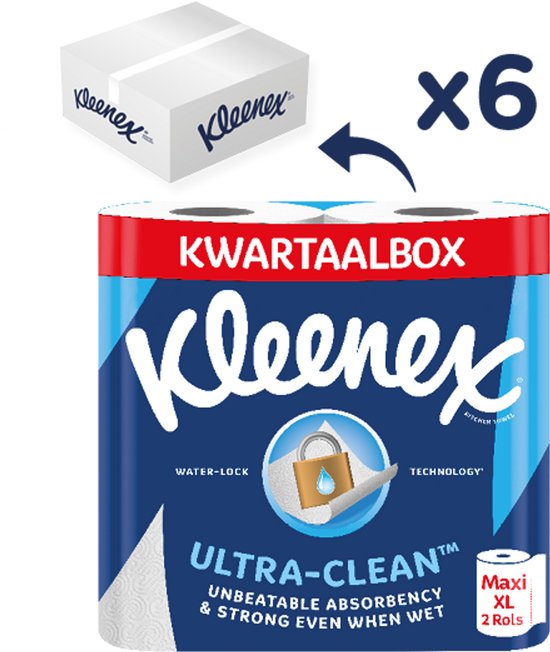 Kleenex Ultra Clean keukenpapier met "Water-Lock" technologie. Blauwe verpakking met 12 Maxi XL rollen.