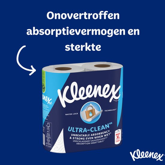 Kleenex Ultra-Clean keukenpapier met water-lock technologie. Pak van 2 rollen.