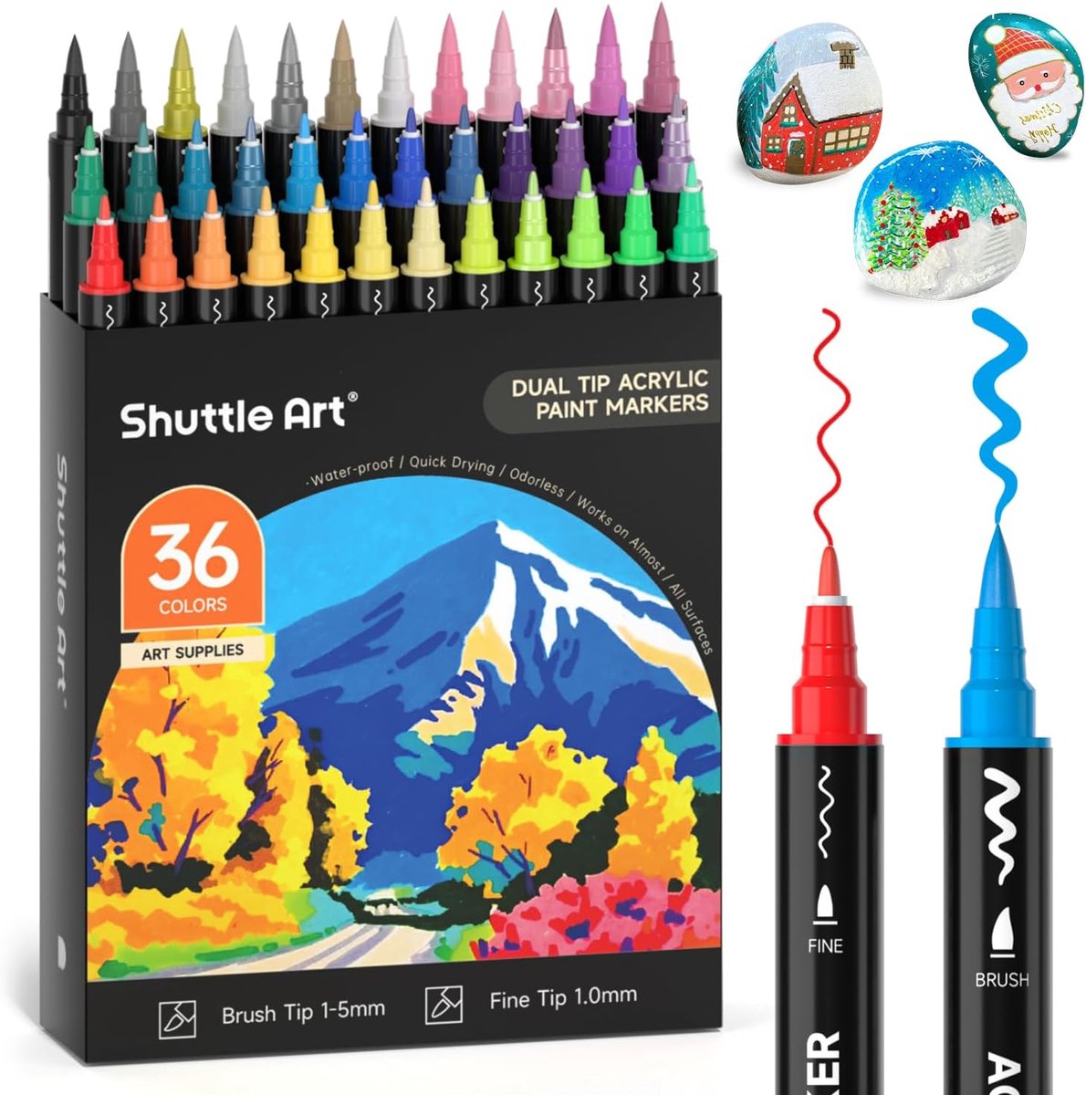 Acrylmarkers 36 Kleuren – Dubbele Punt Brush & Fine – 6 Metallic Kleuren – Voor Steen, Glas, Hout & Keramiek