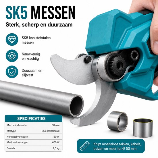 Sello! elektrische snoeischaar 50 mm – draadloos – 2 6.0 Ah accu’s – borstelloze motor – vier standen – instelbare snoeiopening — afbeelding 2