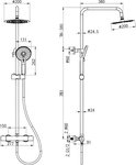 Technische tekening van een zwarte thermostaatkraan doucheset met een ronde regendouchekop van 200mm.