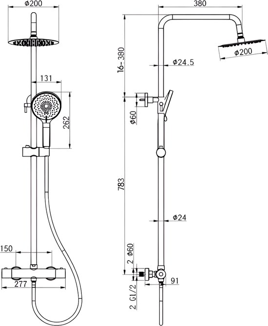 Technische tekening van een zwarte thermostaatkraan doucheset met een ronde regendouchekop van 200mm.