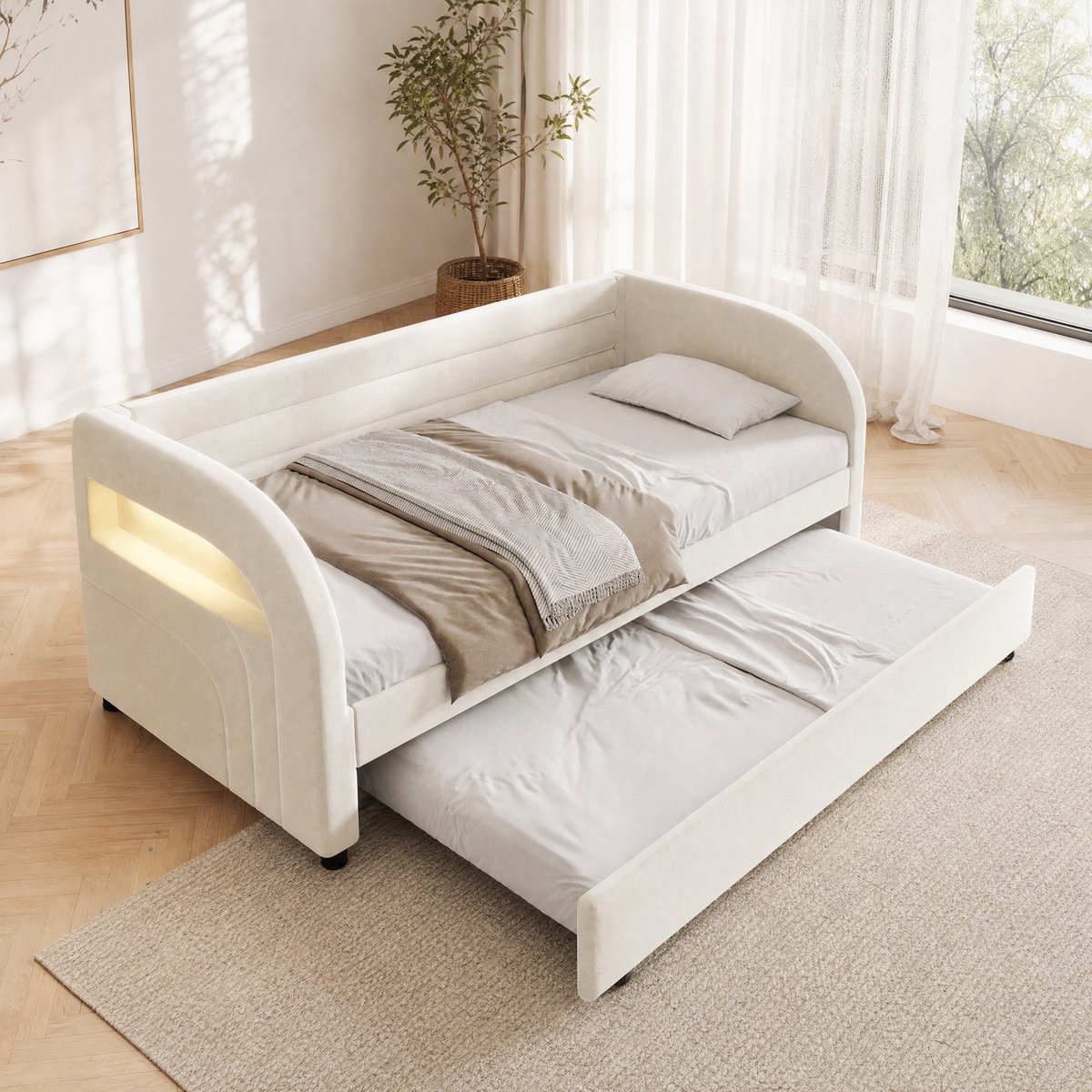 DESMIU Gestoffeerd Bed 90x200cm – Bedframe Met Uitziehbed En LED-Verlichting – Voor Kinderkamer En Logeerkamer – Flanel Stof – Beige Zonder Matras