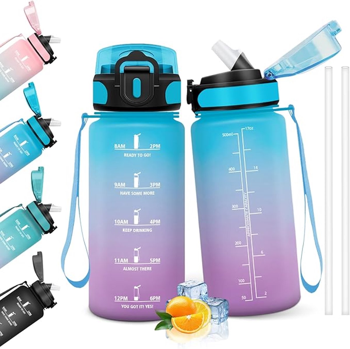 Herbruikbare Drinkfles 500 ml, BPA-vrij en Lekvrij, met Rietje, voor School, Sport, Kantoor en Hardlopen, Waterfles