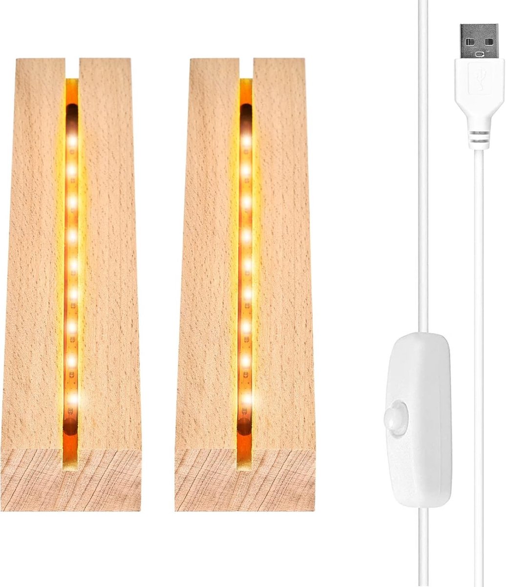 Houten Pedestals 2PCS, USB Display Basis, Verlichte Basis voor Acryl en Kristal Glas (20cm Lang, Warm Wit)